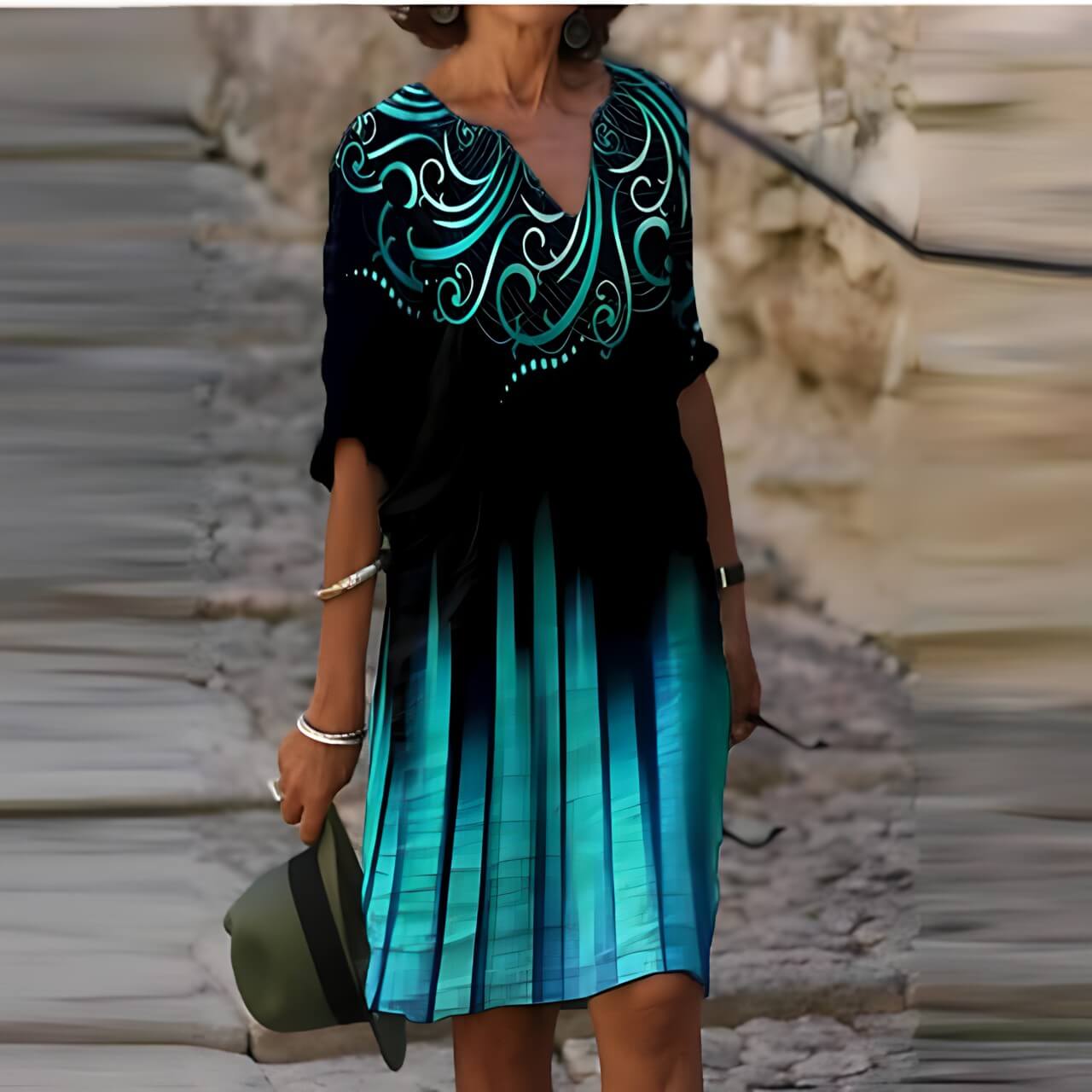 Vestido Viscolinho Estampado Midi Manga 3/4 Solto Meaux