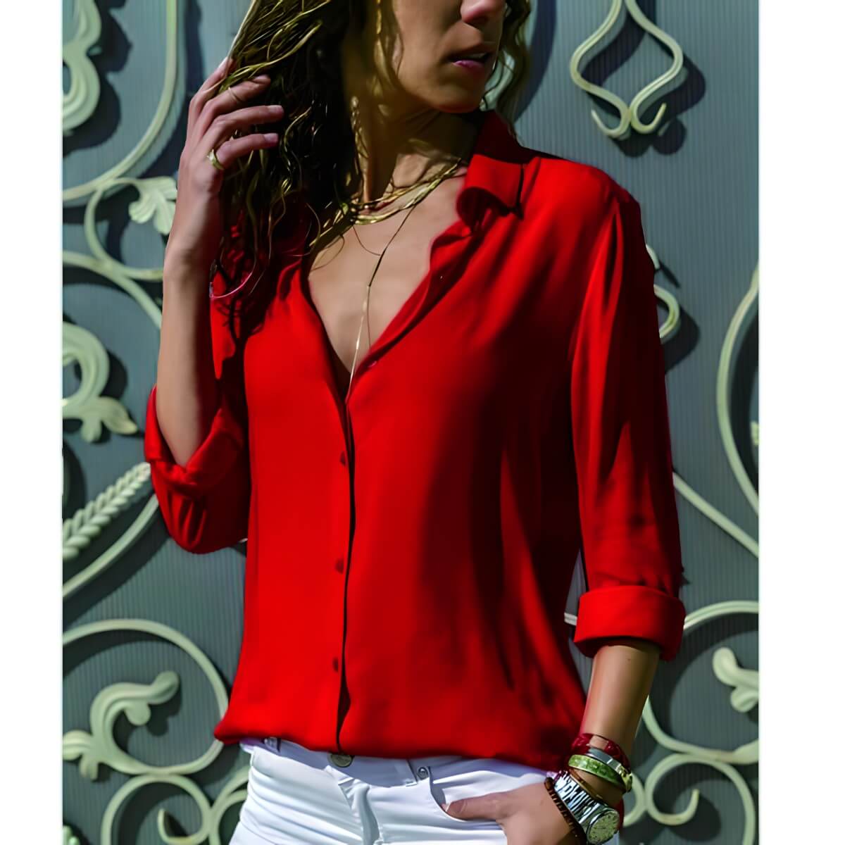 Camisa Clássica de Chiffon Vermelho 5