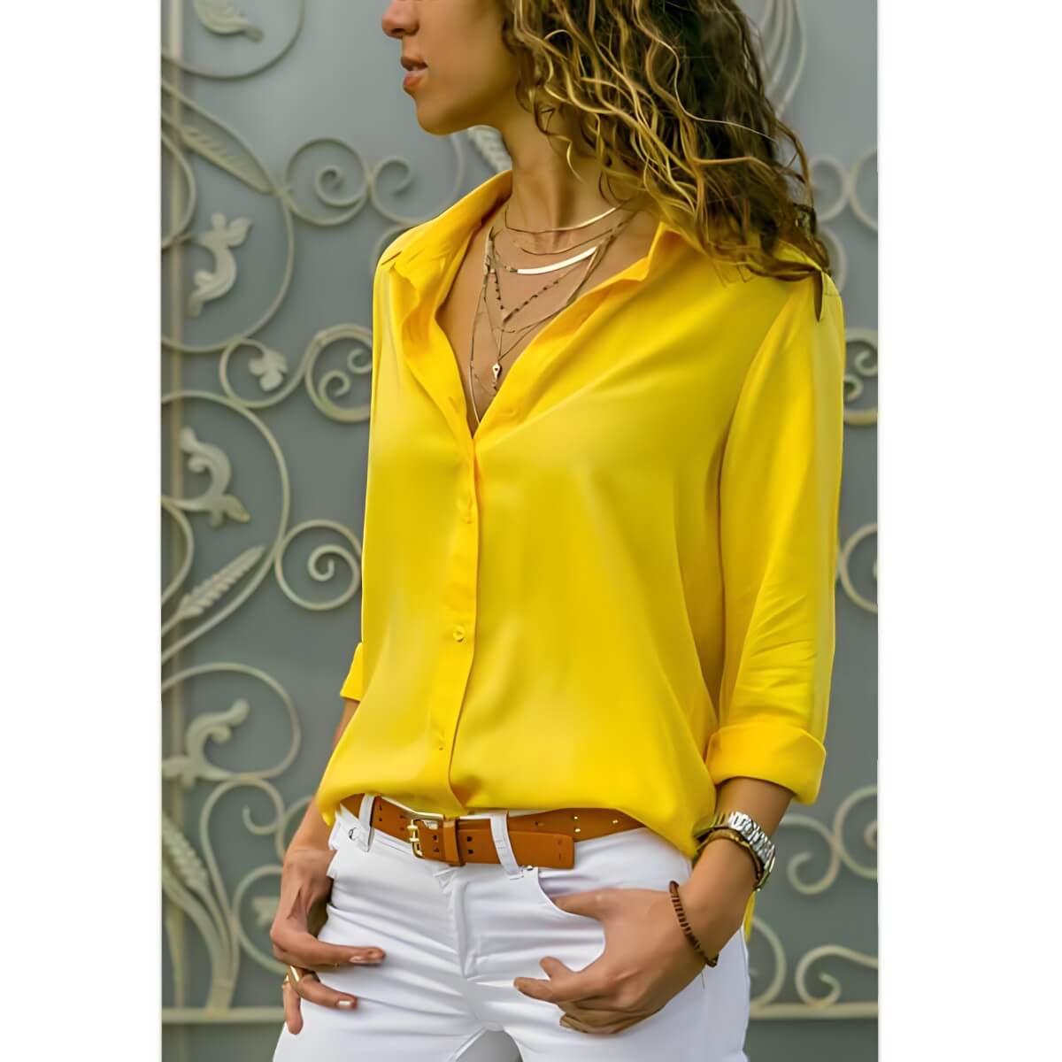 Camisa Clássica de Chiffon Amarelo 4