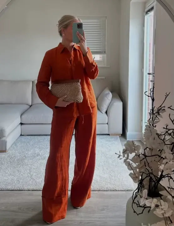 Conjunto Feminino Viscolinho Camisa e Calça Pantalona Sienna