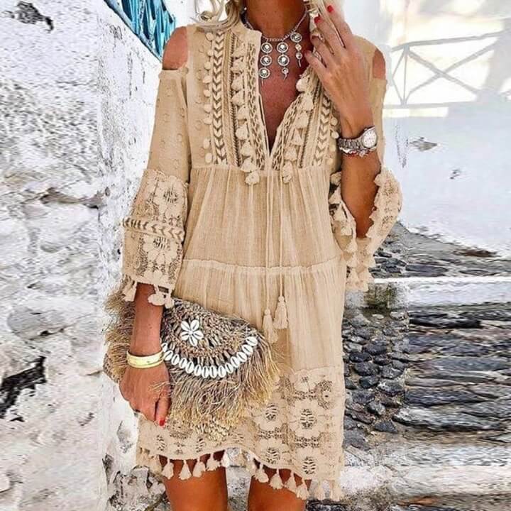 Vestido Curto Rendado Siena Bege / P 63