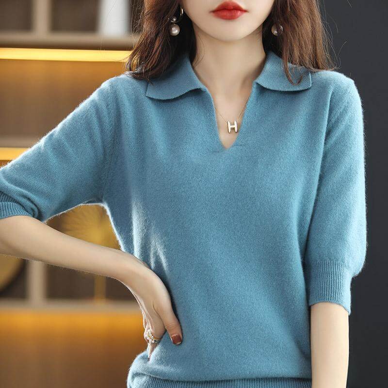 Suéter Feminino Gola Polo Decotado Azul