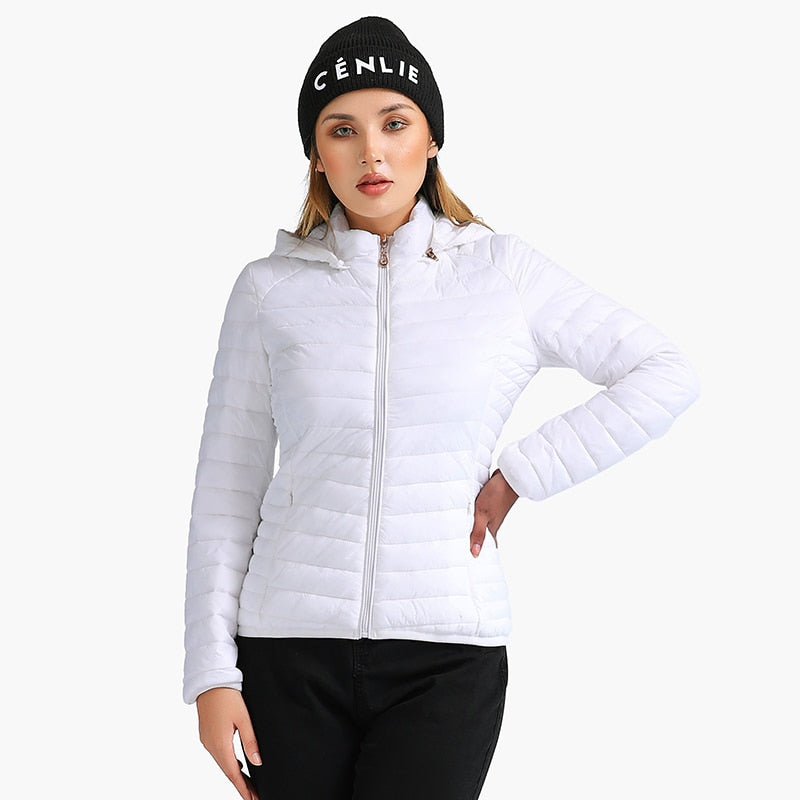 Jaqueta Feminina Puffer Leve com Capuz Ajustada Outwear